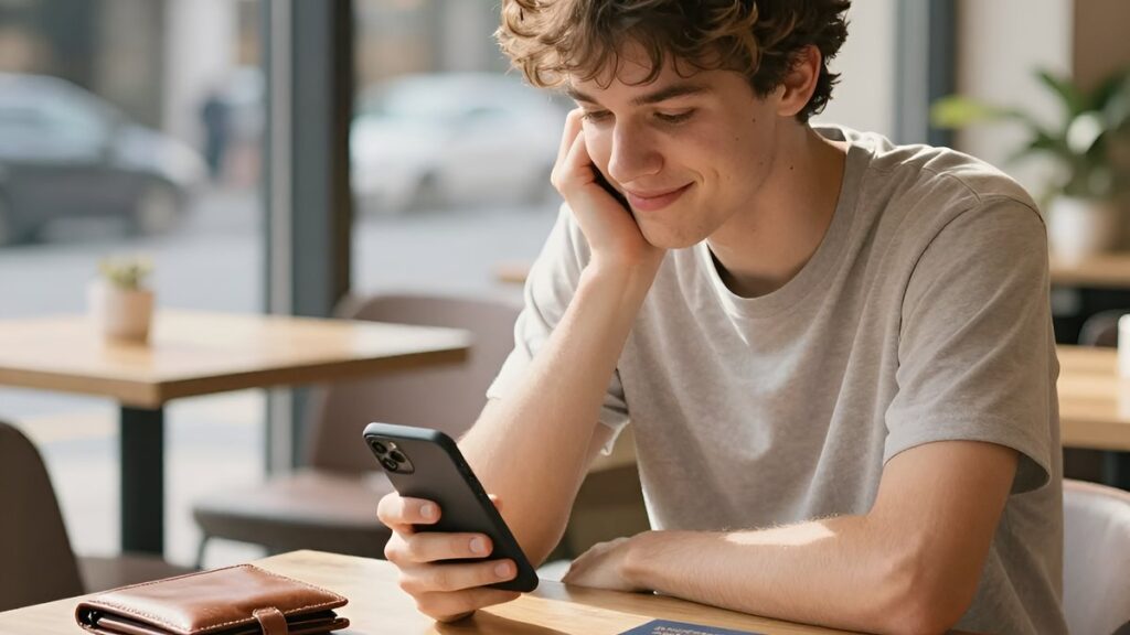 Счастливый студент с паспортом и смартфоном в кафе, использующий микрокредитование физических лиц